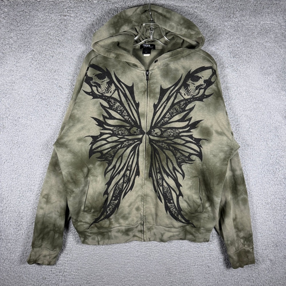 Y2K Thorn & Fable Tie Dye Butterfly Skull Goth Grunge Zip Hoodie Women M 2000s